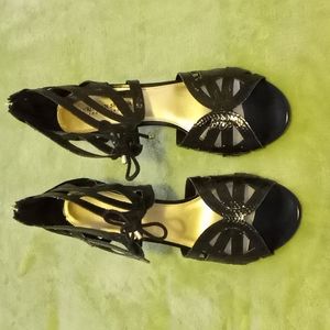 Black, heeled,  open toed sandals